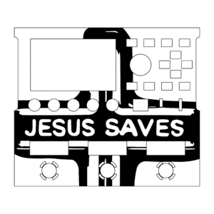 FM3 acrylic screen protector engraved with Jesus Saves neon cross